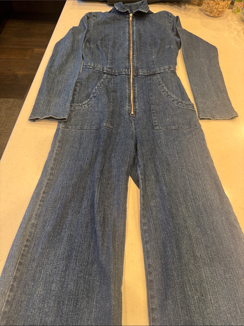 Reformation Blue Denim Zip-Front Wide-Leg Jumpsuit